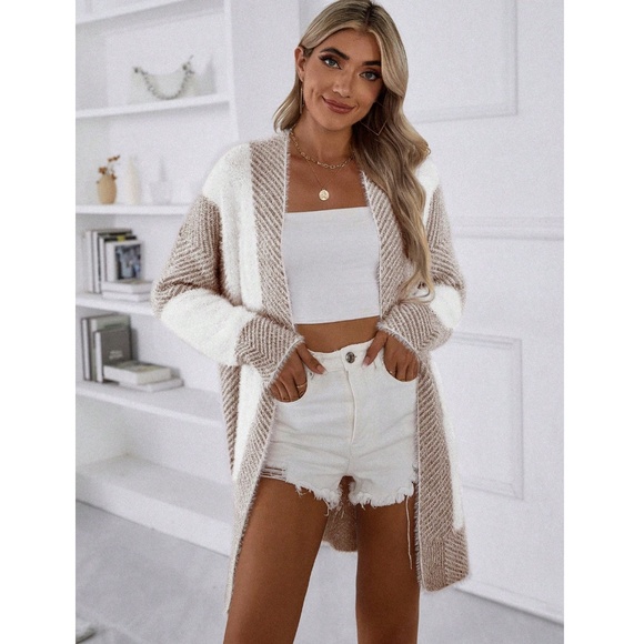 Fuzzy Duster Cardigan Open Long Sleeve Colorblock White Tan - Picture 4 of 8